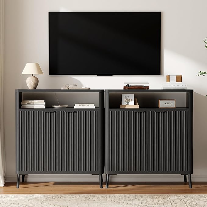 Fatmok Fluted Buffet Cabinet with Storage Set of 2, 31.4" Wide Wood Sideboard Credenza with 2 Doors & Open Storage Shelf, Modern Coffee Bar Table for Living Room Kitchen Dining Room,Black Grey