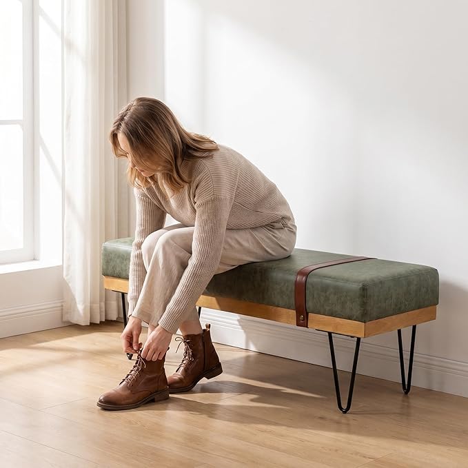 DUOMAY Industrial Modern PU Rectangle Ottoman Bench with PU Strap and Metal Legs, Mid Century Dining Table Bench Footstool Entryway Shoe Bench for Bedroom Dining Room Living Room, Green