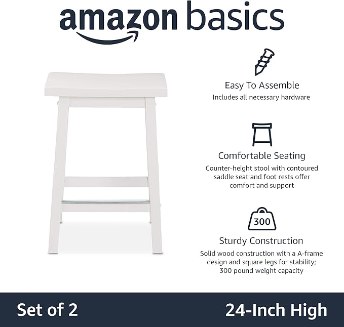 Amazon Basics Solid Wood Saddle-Seat Counter Height Bar Stools for Kitchen Island with Footrest, Sturdy Construction, 24-Inch Height, White, Set of 2