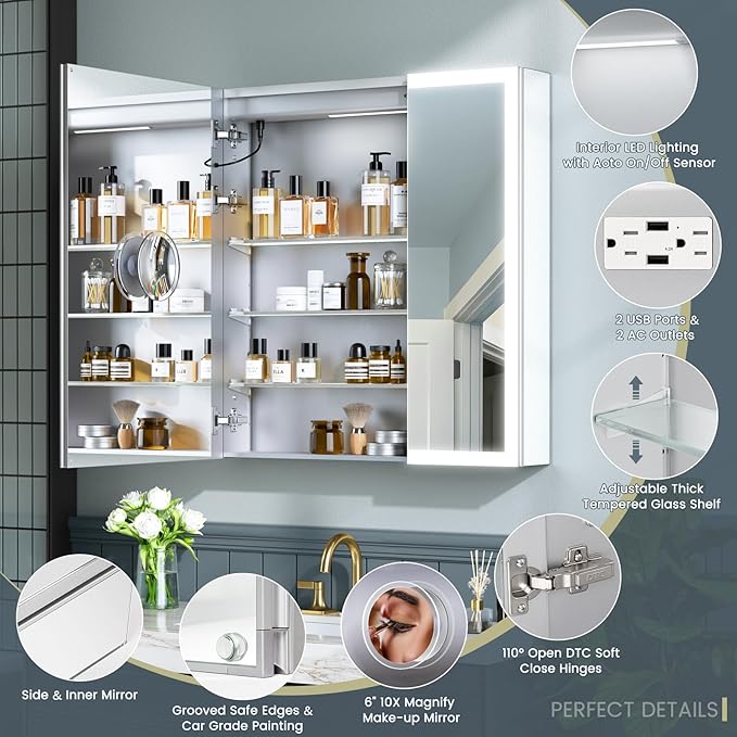 36x32 Inch Lighted Medicine Cabinet with Mirror, AL Alloy, Plug-in or Hardwired, Recessed or Wall Mount, Mirror Doors/3 Colors/Dimmable/Interior Sensor Light/Defog, 2 Outlets&USBs,3 Shelves