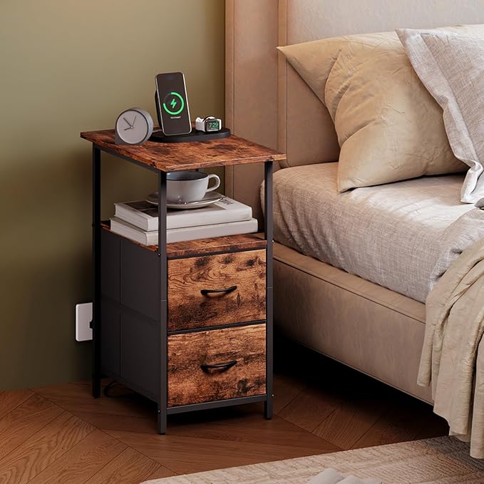 Somdot End Table with Charging Station, Narrow Side Table with 2 Fabric Drawers, Skinny Nightstand with Storage, Small Slim Bedside Table for Living Room, Sofa, Bedroom, Couch, Wood Grain Print
