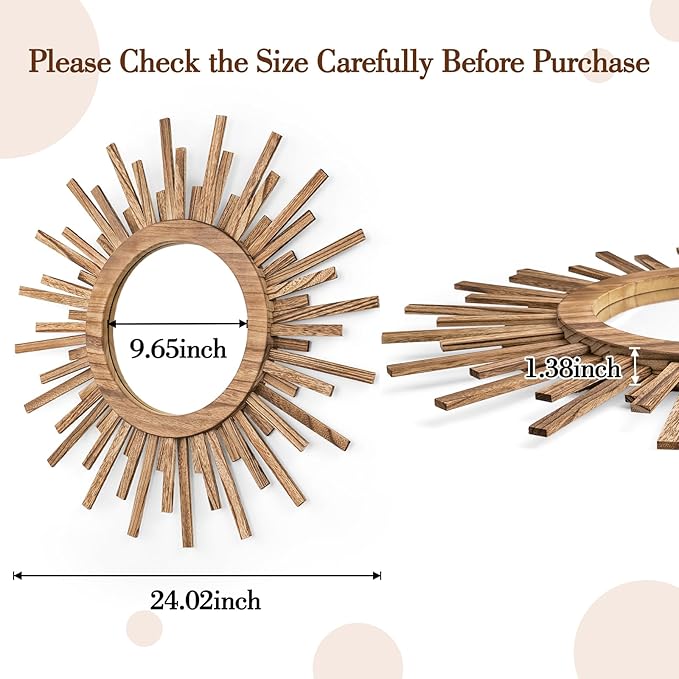 24 Inch Boho Sunburst Mirror, Round Wooden Wall Decor Starburst Sun Mirror for Bedroom, Living Room, Bathroom, Hallway, Balcony, Farmhouse Entryway, Housewarming Gift