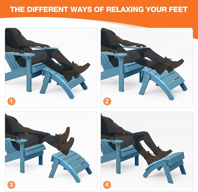 YEFU Adirondack Ottoman Set of 2, Patio Foot Rest, Adirondack Foot Rest, Folding Adirondack Footstool, Weather Resistant for Adirondack Chair, Widely Used for Outdoor, Porch, Backyard, Fire Pits-Blue