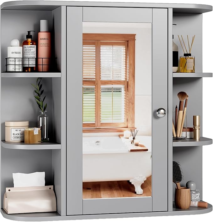 VINGLI Grey Mirror Medicine Cabinet Wall Mounted, Bathroom Storage Organizer Over Toilet with 6 Open Curved Shelves, Adjustable Vanity Cupboard with Single Door for Entryway & Living Room, Grey