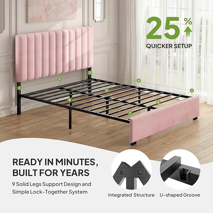 Welzona Upholstered Bed Frame Queen Size with Headboard, Velvet Vertical Channel Tufted Metal Platform Bed with 3-Level Height, Under-Bed Storage and Metal Support, Noise Free, Easy Assembly, Pink