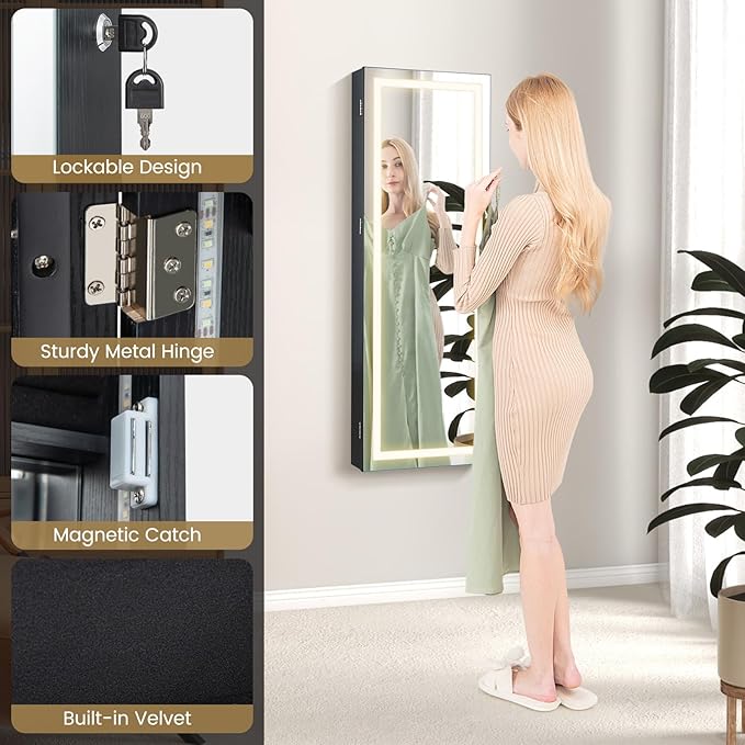 CHARMAID LED Mirror Jewelry Cabinet, Lockable Jewelry Armoire with Adjustable Lighted Full Length Mirror, 3 Lighting Sets, Wall Mounted Door Hanging Jewelry Storage Organizer (Black, 42.5''H)