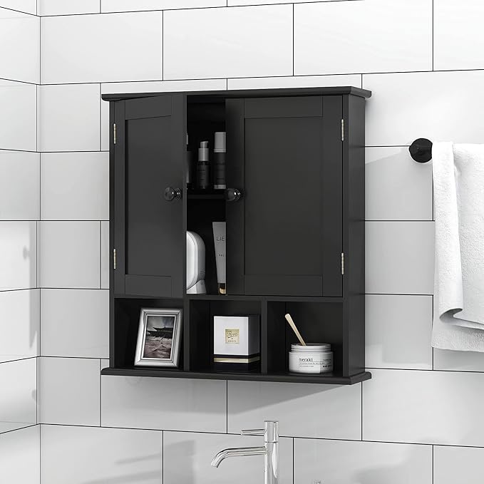 TaoHFE Black Bathroom over the Toilet Storage Cabinet, Wall Medicine Cabinet Organizer with 2 Door Adjustable Shelves, Wooden Modern Bathroom Shelves Wall Mounted Laundry Room, 21L x 5.1W x 23H Inches