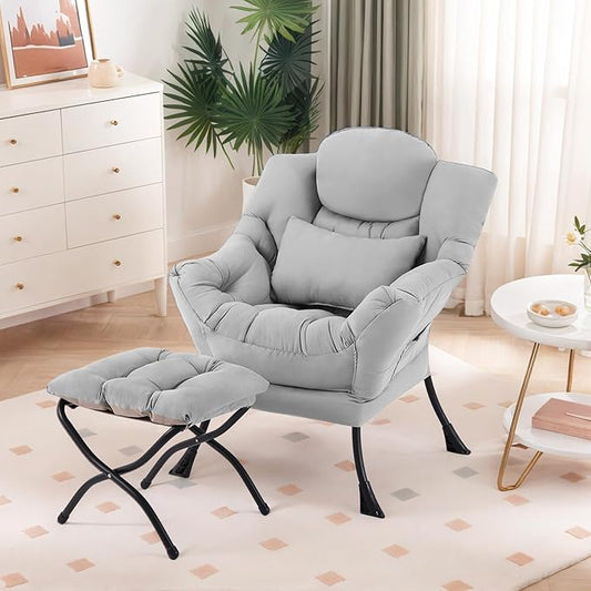 Furlide Lazy Chair with Ottoman, Modern Lounge Chair with Lumbar Pillow, Accent Cozy Reading Armchair and Folding Footstool for Bedroom, Dorm, Living Room,Light Grey