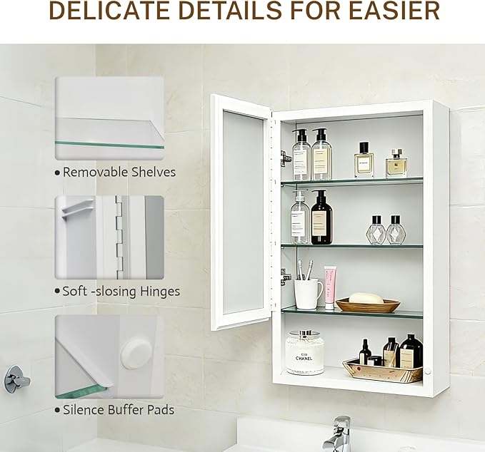 16x26 inch Bathroom Medicine Cabinet with Mirror, Platstic Framed Beveled Edge Mirror Cabinet with Removable Shelves, Extra Storage Space, Recessed or Surface Mount
