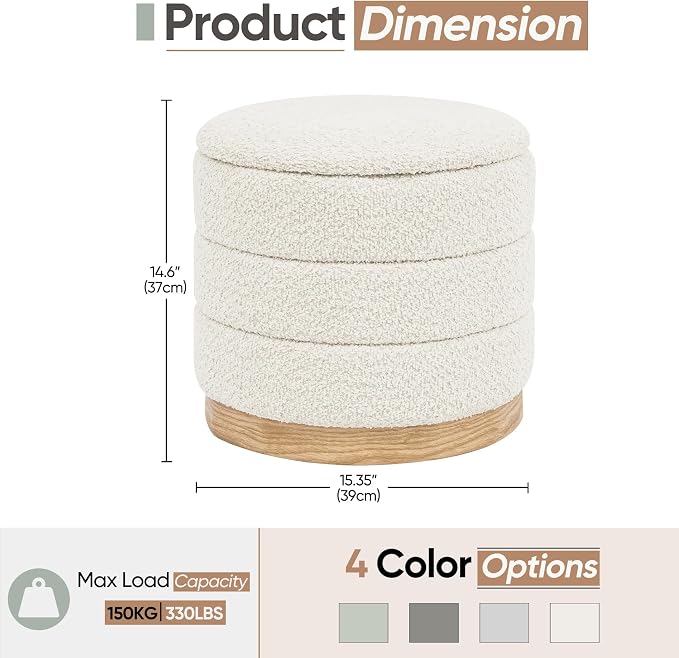 Round Storage Ottoman with Reversible Tray Lid, Folding Chenille Fabric Footrest with Hidden Storage, 15.4" Footstool for Small Spaces Living Room Bedroom, Wood Grain Base, Cream White