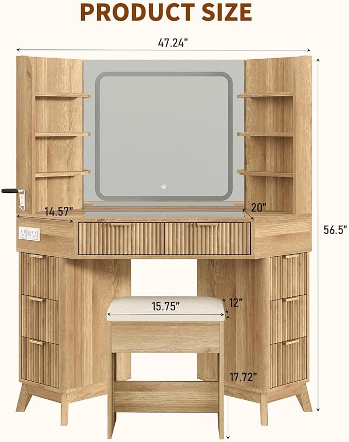 Yanosaku Corner Vanity Desk with Mirror and Lights, 8 Drawers & 6 Shelves, 47” Fluted Vanity with Charging Station, Glass Top, 3 Color Lighting Modes, Makeup Vanity with Chair for Bedroom, Oak