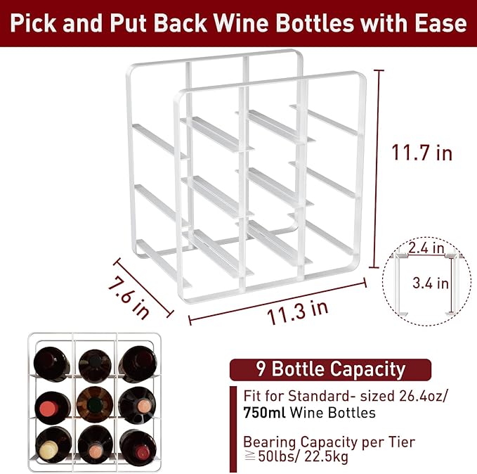 Buruis 9-Bottle Wine Rack, Modern Metal Countertop Wine Holder Stand for Kitchen, Pantry & Cabinet Storage, No Assembly Required, White