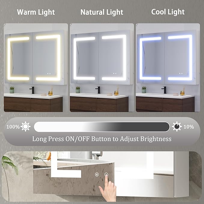 DEYGIA LED Medicine Cabinet with Mirror for Bathroom, Assembly-Free Lighted Medicine Cabinet, Defog, Stepless Dimming, 3 Colors, 2 Outlets, 2USB, Aluminum Wall Mounted Mirrored Cabinets, 36”Wx28“H