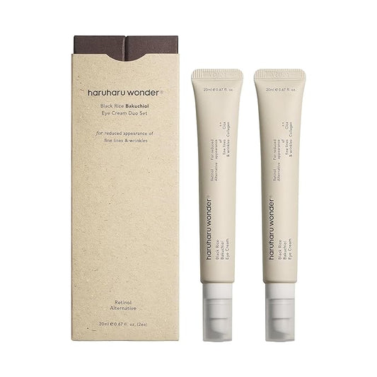 HARUHARU wonder Black Rice Bakuchiol Eye Cream, Smooths Fine Lines & Crow’s Feet, Reduces Puffiness & Dark Circles, Lightweight Day and Night Care, 1.34 fl. oz (Duo Set)