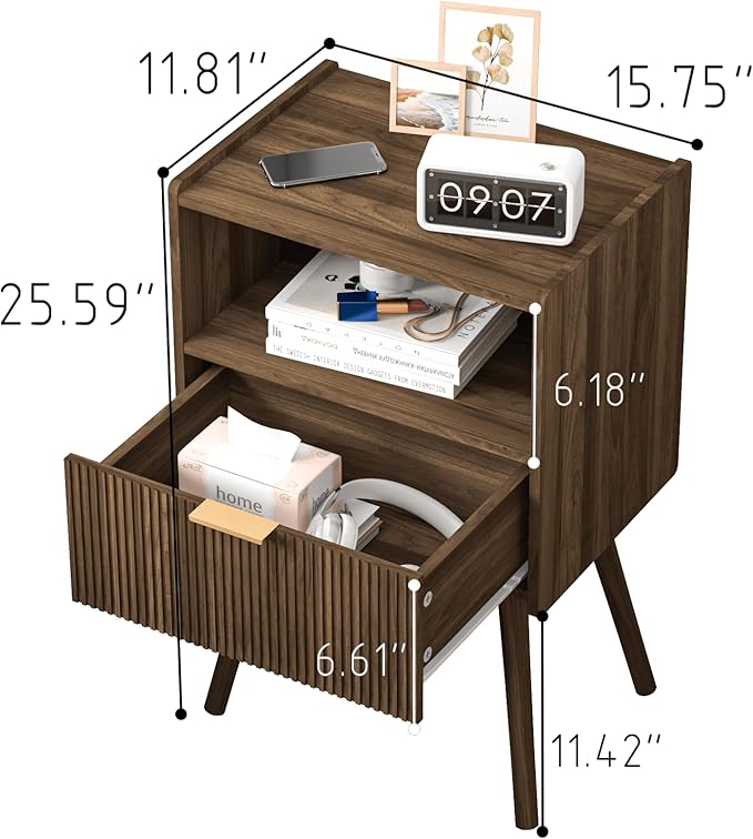 JOONEE Nightstand,Modern Bedside Table with Storage Drawer and Open Wood Shelf, for Living Room, Bedroom and Small Spaces, Accent Night Stand with Solid Wood Legs, Easy Assembly,Walnut Brown