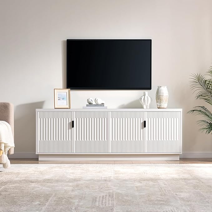 Fatmok Fluted TV Stand for up to 75" TVs, 68" Entertainment Center with 4 Doors, Modern Media Console with Adjustable Shelves & Storage Cabinets, White
