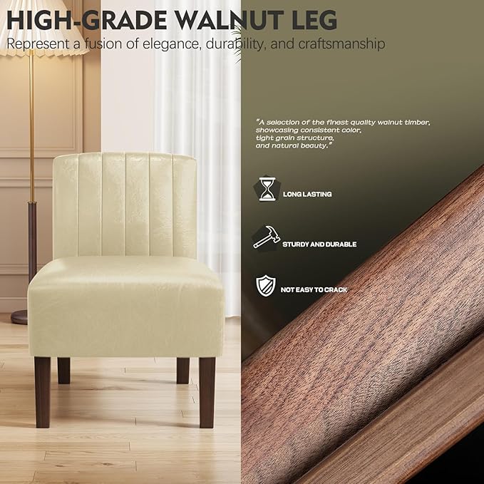 Armless Accent Chairs Set of 2 Upholstered Dining Chairs Living Room Chairs with Solid Wood Legs Bedroom Chair Leather Reading Chair Comfy Chair for Bedroom Vanity Kitchen (Beige)