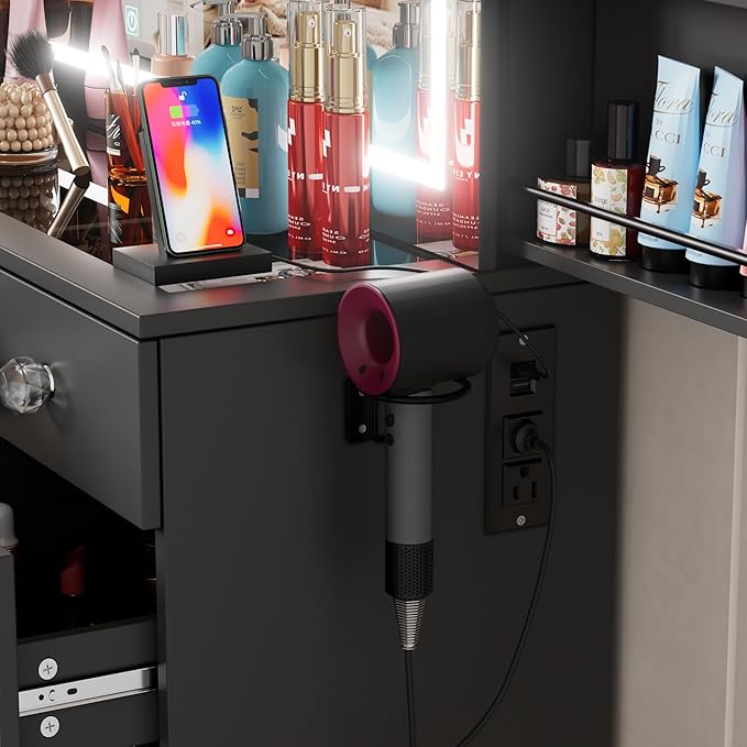 Makeup Vanity Desk with Large Mirror and Lights,Vanity Table with Glass Top,9 Drawers,3 Color Modes,Sliding 2 Wall Mounted Jewelry Storage Racks,Suitable for Bedroom Ladies and Girls (Black)