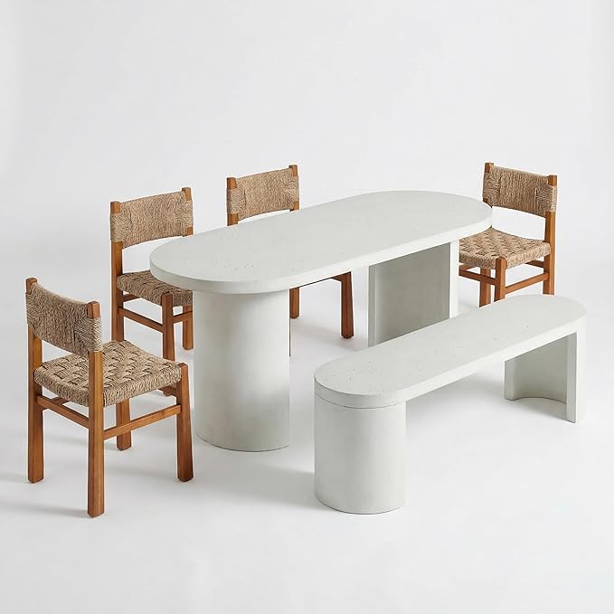 Christopher Knight Home Duro 6-Piece Outdoor Dining Set, Terrazzo Concrete Dining Table and Bench with 4 Acacia Wood Wicker Chairs, Patio Dining Table Set for Garden/Backyard, Light Brown+Teak+White