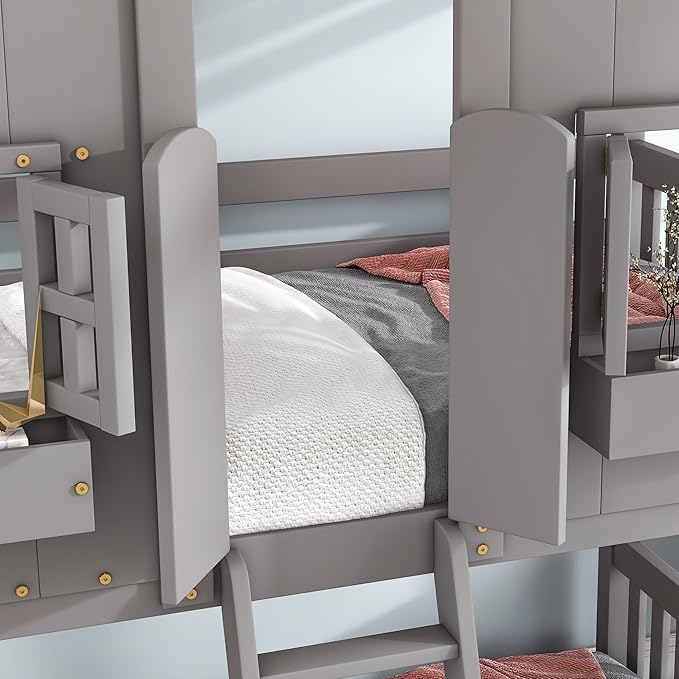 Twin Over Twin Low Bunk Bed for Kids,Wooden Floor House Bunker Bed Frame with with Window,Roof,Door,Guardrails,Ladderand and Storage Box for Girls,Boys - Gray