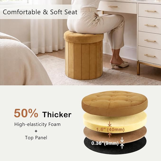 CAROLMADE Round Storage Ottoman,Velvet Folding Footrest Stool with Thicker Foam Padded Seat,Versatile Vanity Stool for Living Room,Bedroom or Dorm,Orange
