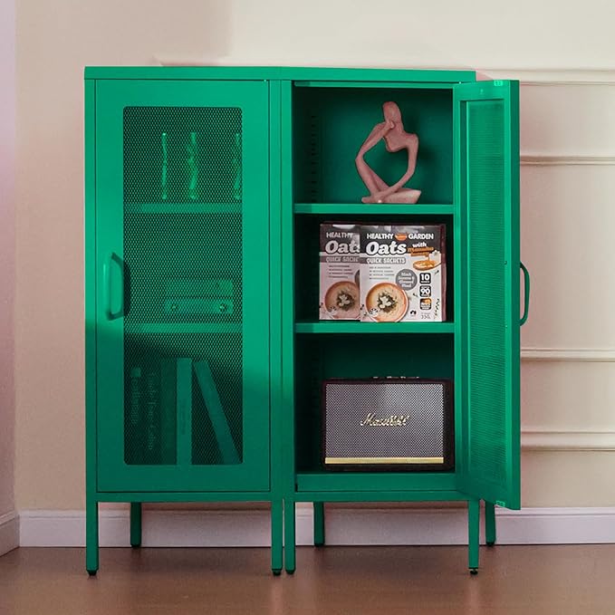 Slim Metal Storage Cabinet with Mesh Doors - 42'' Tall Narrow Organizer Tower, Compact Freestanding Cabinet, Versatile Utility Storage for Home, Office, Kitchen, Living Room, Durable and Modern Design