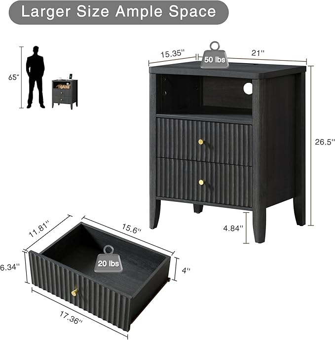 Fluted Nightstand with Charging Station, 21" Wide Modern Bedside Table with 2 Drawers & Open Shelf, Wood End Table with Storage & Metal Handle for Bedroom, Living Room, Small Spaces, Black