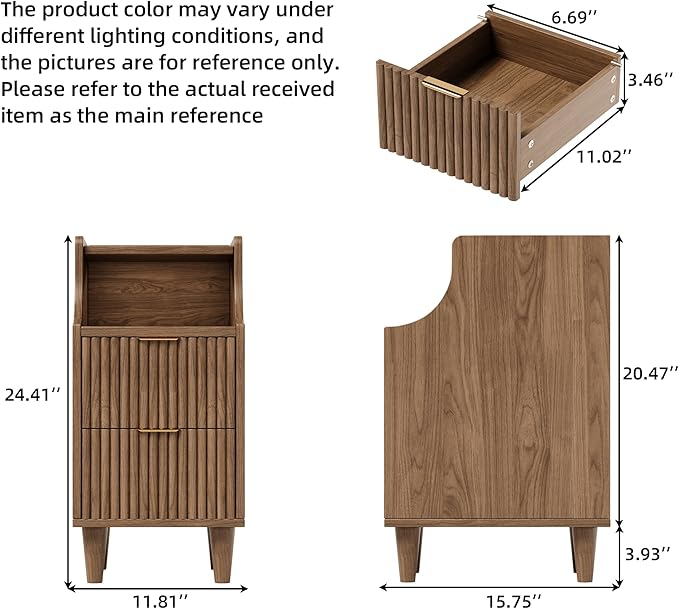 Narrow Nightstand Set of 2,11.8" Fluted Bedside Table Set of 2, Slim Side End Table with 2 Drawers, Wooden Bedside Table, Mid Century Modern Night Stand for Bedroom Livingroom Sofa Office