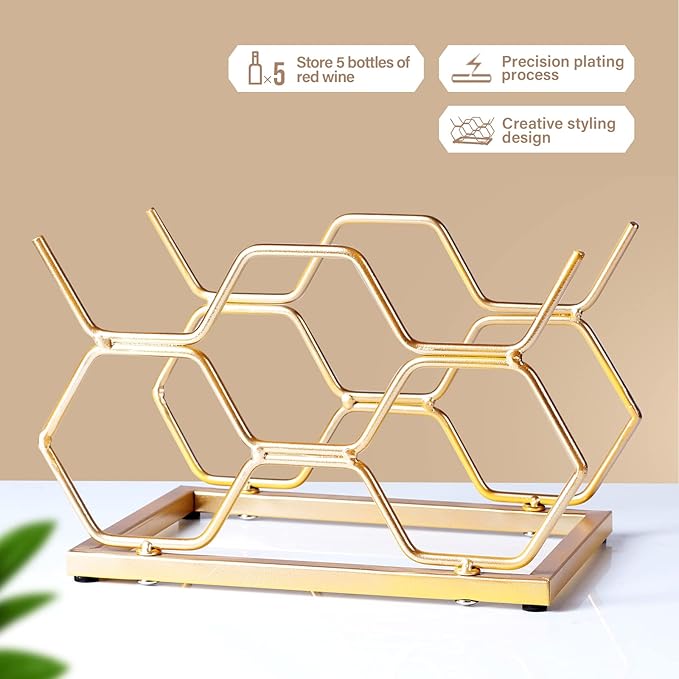 Countertop Wine Rack - 5 Bottle Freestanding Modern Gold Metal Small Wine Rack - Tabletop Wine Holder Stand for Cabinet, Pantry, Wine Bottle Storage…