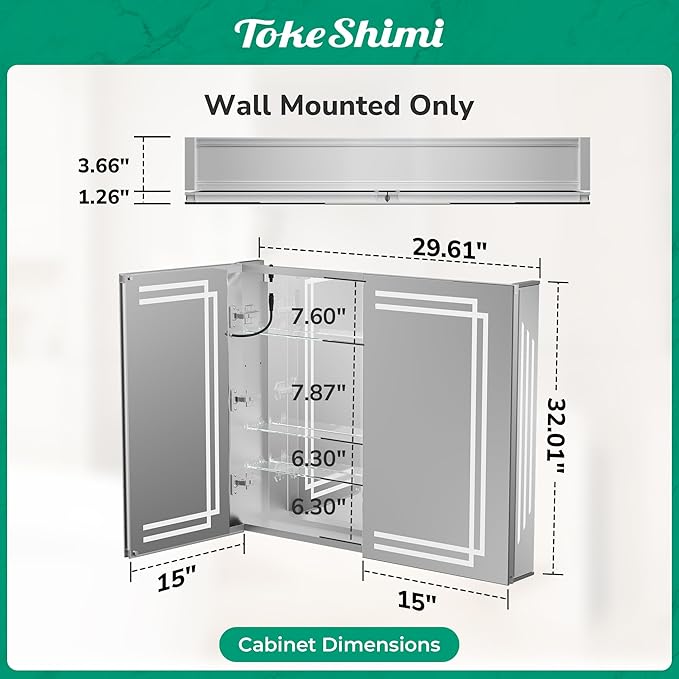 TokeShimi 30x32 Inch Lighted Medicine Cabinet, LED Medicine Cabinet with Lights, Wall-Mounted Bathroom Cabinet Mirror with 3 Color Temperature, Anti-Fog, CRI 80+, Memory Function, Tempered Glass