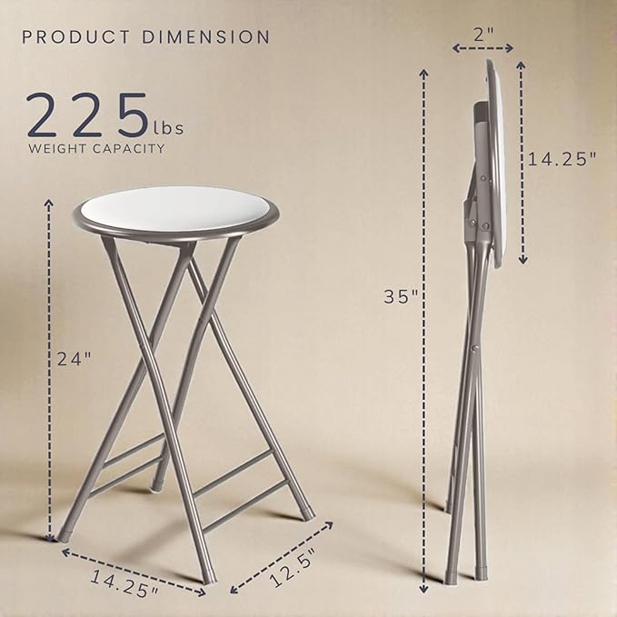 Lavish Home Folding Stool - Set of 2 Counter Height Bar Stools – 24-Inch Backless Folding Chairs with 225lb Capacity for Kitchen, Rec Room, or Game Room (White)