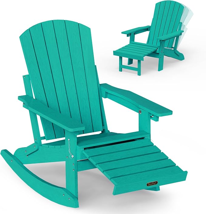Adjustable Adirondack Rocking Chair with Retractable Ottoman Footrest, 4-in-1 Foldable HDPE Outdoor Rocker, Weather Resistant Adirondack Chair for Porch, Garden & Poolside, Lake Blue