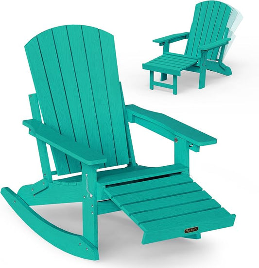 Adjustable Adirondack Rocking Chair with Retractable Ottoman Footrest, 4-in-1 Foldable HDPE Outdoor Rocker, Weather Resistant Adirondack Chair for Porch, Garden & Poolside, Lake Blue