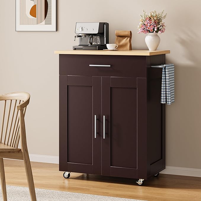 OtterOasis Kitchen Island Cart with Storage, Small Kitchen Island on Wheels with Large Drawer, Adjustable Shelf & Towel Rack, Rolling Island Table for Kitchen & Dining Room, Dark Coffee