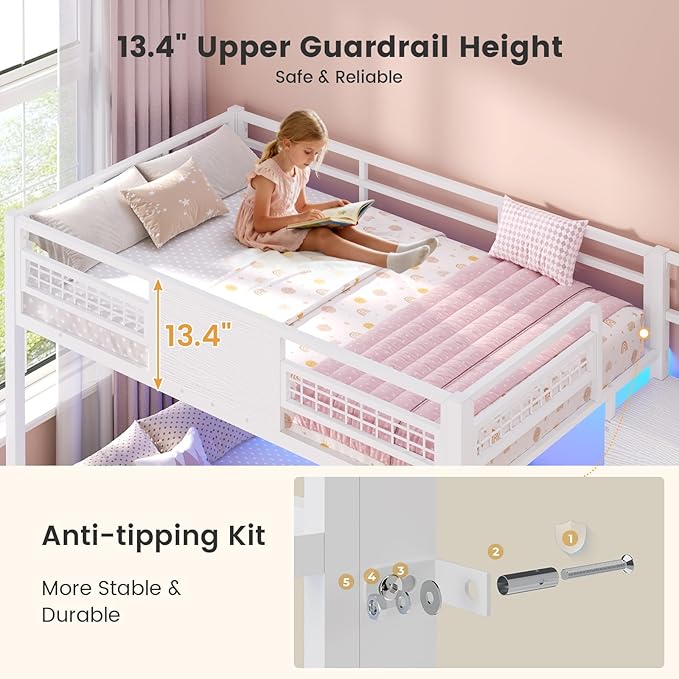 BTHFST Bunk Bed Twin Over Twin with Stairs, LED Lights Twin Bunk Bed with 2 Storage Drawers & 6 Fabric Drawers, Metal Twin Loft Beds with Guardrail & Stairs, Space Saving, Sturdy Frame for Teens