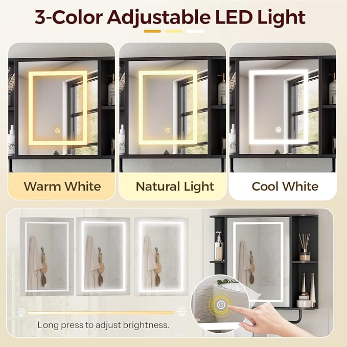 MAHANCRIS Bathroom Wall Cabinet with Mirror, Mirrored Medicine Cabinet with 3 Colors LED Light and 4 Open Shelves, Wall Mounted Storage Cabinets with Adjustable Shelf, 24.7"L x 6.7"W x 26.7"H, Black