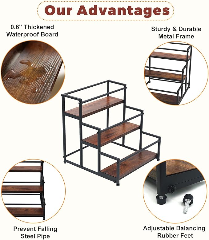 Coffee Syrup Rack Organizer - Metal Bottle Holder for 12 Bottles – Rustic Countertop Display Shelf for Coffee Bar, Kitchen Cabinet, Pantry Storage for Syrups, Liquor, Spice, Tea & Wine (3-Tier)
