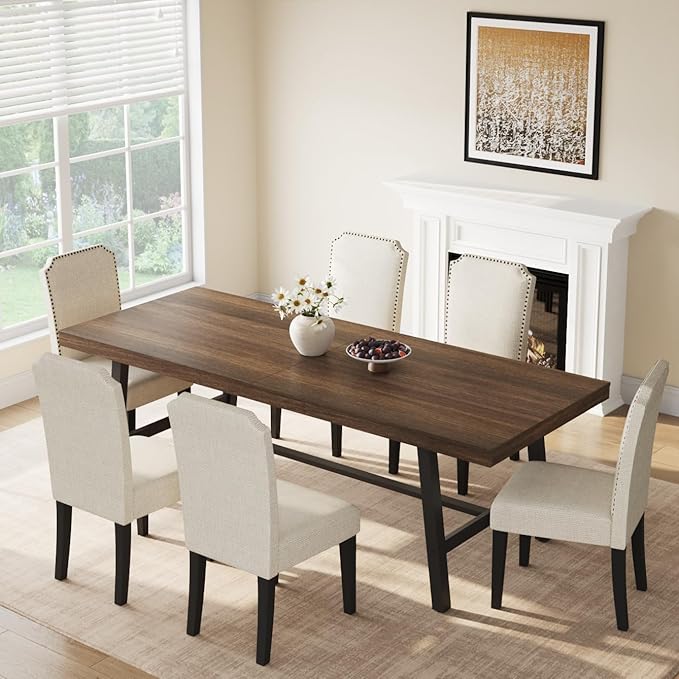 GarveeHome Industrial Dining Table for 8-10 People, 86.61" Long Large Kitchen Table with Sturdy Metal Frame, Rectangular Counter for Dinner, Kitchen, Dining Room (Brown, 87" Non-extendable)