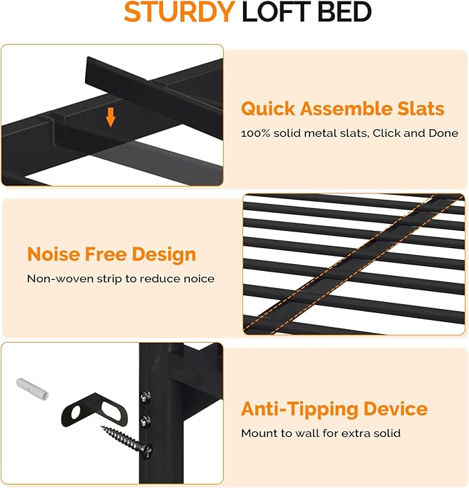 VINGLI Full Loft Bed 15 Inch Extra Tall Safety Guardrail, 7 Drawers Dresser, and Flat Rungs, LED High Double Sleeper with 2 Charging Stations,and Desk, Heavy Duty Space Saving Bed, Black