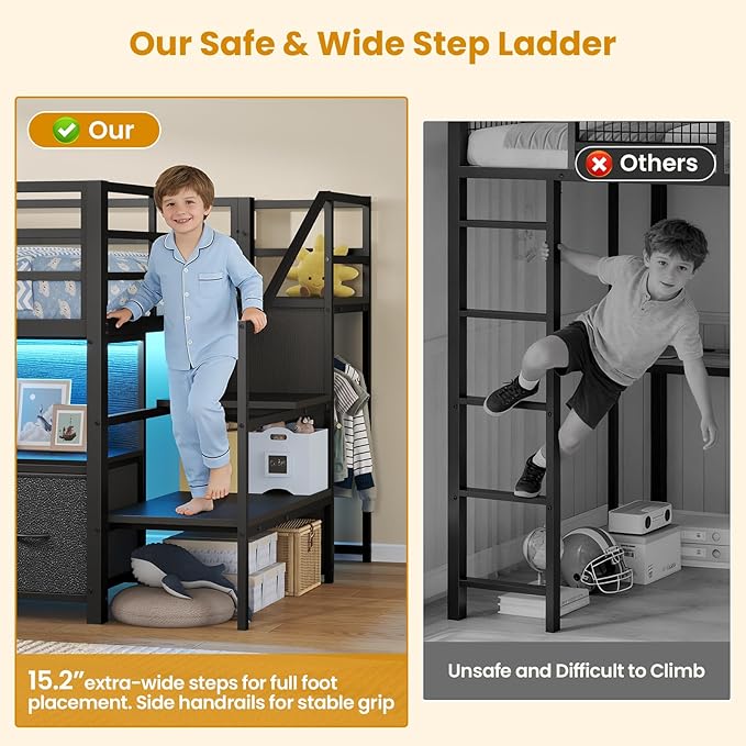 ADORNEVE Low Loft Bed Twin Size with Stairs,7 Drawers, Bookcase and LED Lights, Metal Kids Loft Bed with 14" H Safety Guardrail,Inclined Ladder and Play Curtain, Under-Bed Play Space, Black