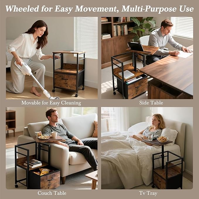 Faesun Swivel Lift Top Nightstand, Rolling Side Table for Recliner, Bedside Table with Wheels & a Fabric Drawer, for Small Spaces, for Bedroom, Living Room, Brown