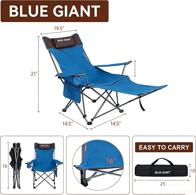 2 Pack Adjustable Folding Camping Chairs with Detachable Footrest and Headrest, Lightweight and Portable, Ideal for Hiking, Travel, Fishing and Outdoor Activities (Blue)