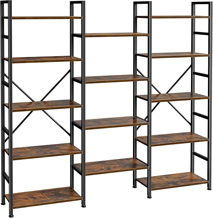 SUPERJARE Triple Bookshelf, Bookcase with 14 Open Display Shelves, Wide Book Shelf Book Case for Home & Office, 5 Tier, Brown