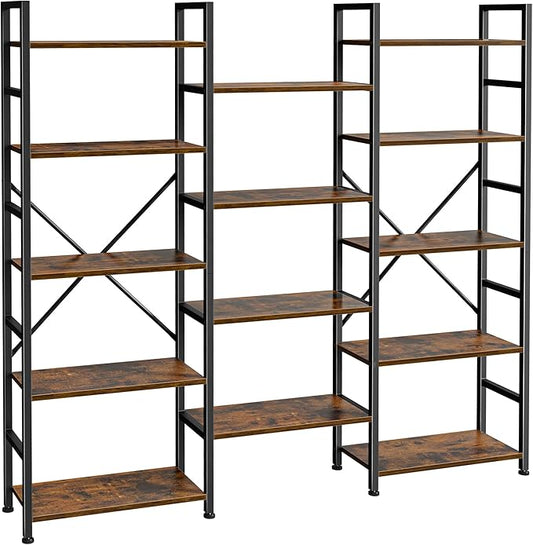 SUPERJARE Triple Bookshelf, Bookcase with 14 Open Display Shelves, Wide Book Shelf Book Case for Home & Office, 5 Tier, Brown