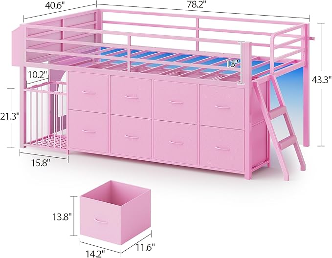 UPOSOJA Twin Size Low Loft Bed with RGB Lights & Play Zone, 8 XL Drawers, Kids Play Loft with 2-Step Ladder & Anti-Tip Kit (Pink)