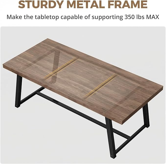 IRONCK 71" Dining Table for 6-8 People, Industrial Kitchen Table with Sturdy Metal Frame, Rectangular Brown Wood Dinner Table for Dining Room