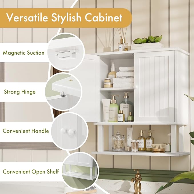 AmazerBath Bathroom Wall Cabinets, Bamboo Over The Toilet Storage Cabinet with Adjustable Shelves, Large Wall Mounted Medicine Cabinets with 2 Doors for Small Spaces, White, 9" D x 21.3" W x 23.8" H