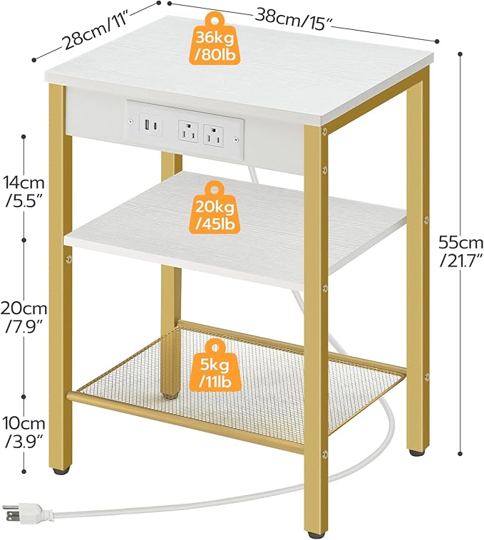 HOOBRO Side Tables Set of 2 with Charging Station and USB Port, Small End Tables for Small Space, 3-Tier Nightstands with Adjustable Shelf, for Living Room, Bedroom, White and Gold DW112BZP201G1