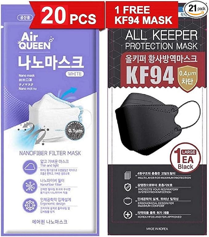 [20 Pack] [Air Queen] White 3-Layers Face Safety Mask for Adult + 1 [Black] All Keeper KF94 Mask [Individually Packaged] [Both Made in KOREA]