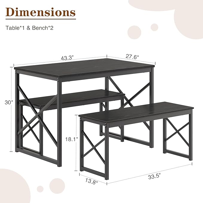 VECELO 43.3" Kitchen Dining Table Set for 4, Heavy-Duty Steel Frame & Wood-Grain Tabletop, Space-Saving Dinette Sets with 2 Benches for Breakfast Nook and Small Space, Black